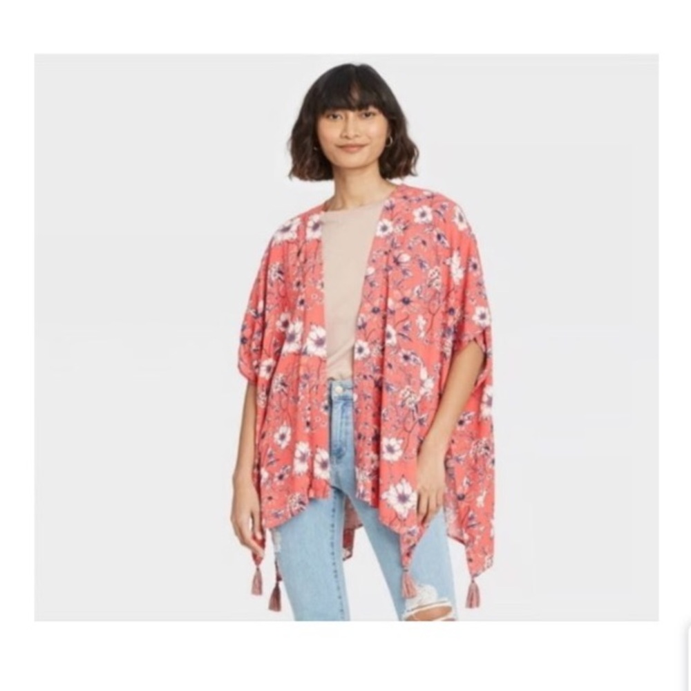 Knox Rose Women's Floral Print 3/4 Sleeve Kimono Jacket Size M/L